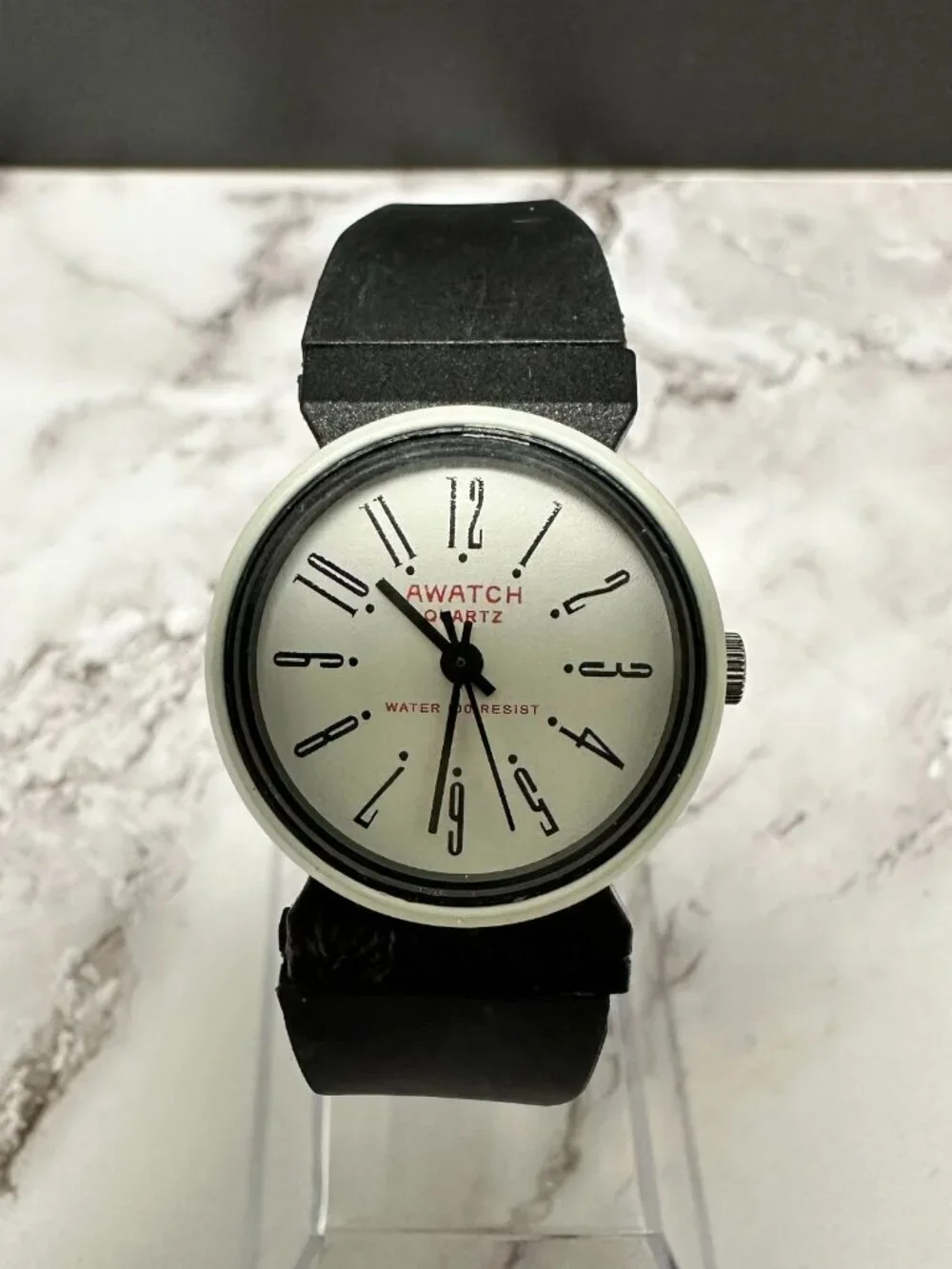 3/$30 AWATCH Womens Watch White Dial 24MM  Black Resin Band New Battery 8.5
